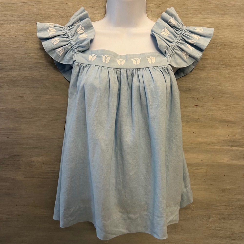 Crown & Ivy Sky Blue Smocked Embroidered Flower Ruffle Sleeve Blouse Large GC